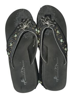 Montana West Western Studded Black Flip Flops with Green Bead Accents Size 9